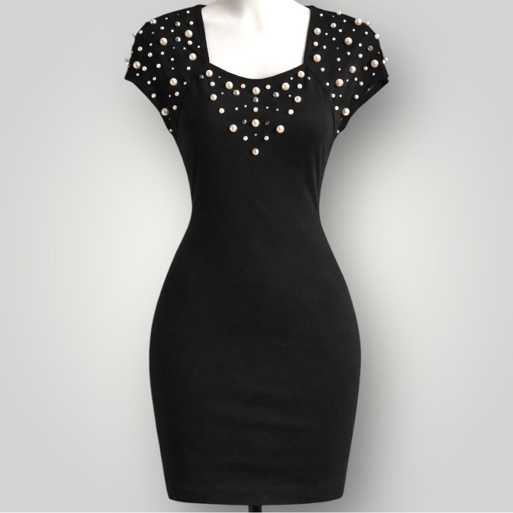 Vintage 1980s Eletra Casadei Pearl & Rhinestone Mini Black Dress - Size Medium